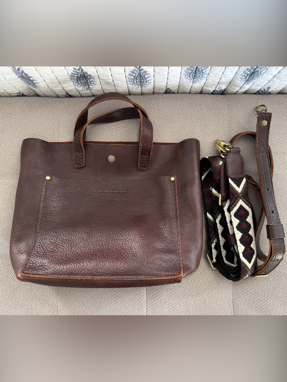 Portland Leather Goods Mini Crossbody Tote Bag - Coldbrew plus Kaleidoscope stra